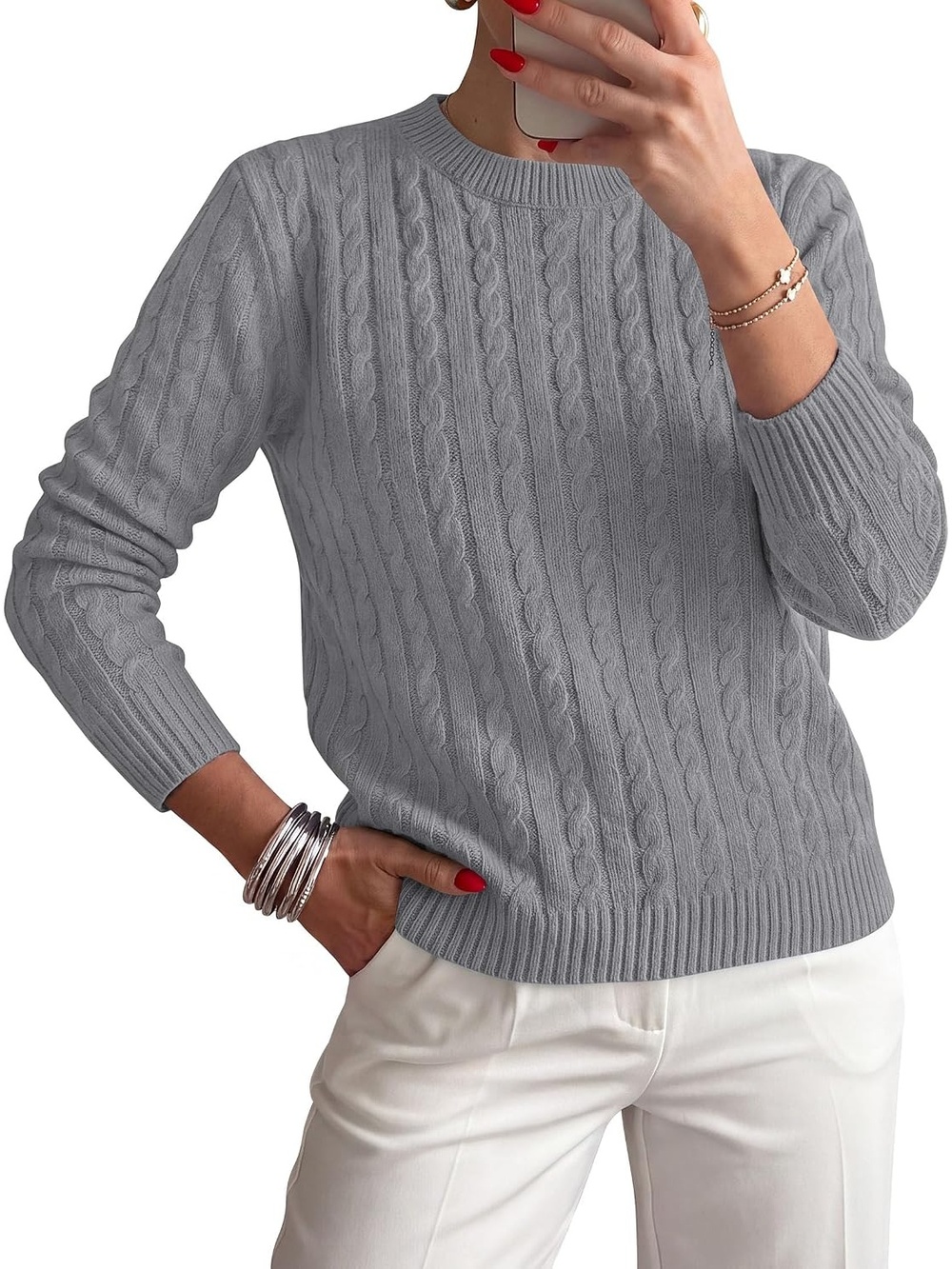 🆕 Women's Grey Long Sleeve Crewneck Cable Knit Cozy Warm Pullover Sweater